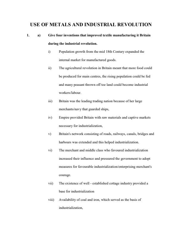 Page 1 – Use of Metals and Industrial Revolution Topical Questions and Answers: Form 1 History – Kenyaplex