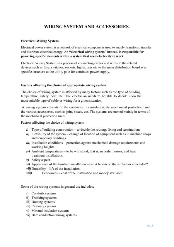 Page 1 – Wiring System and Accessories Notes: Diploma in Electrical and Electronics Engineering Module 1 – Kenyaplex