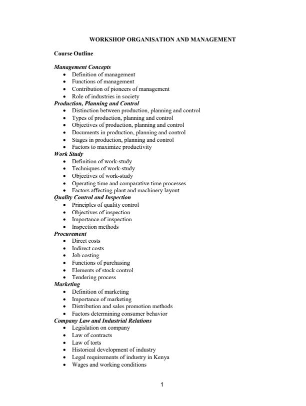 Page 1 – Workshop Organisation and Management Notes – Kenyaplex