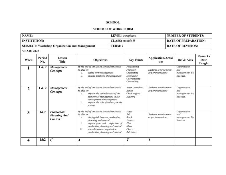 Page 1 – Workshop Organization Management Schemes of Work – Kenyaplex