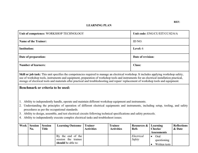 Page 1 – Workshop Technology Level 6  Learning Plan  – Kenyaplex