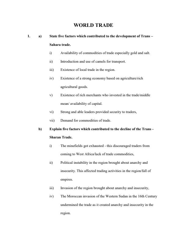 Page 1 – World Trade Topical Questions and Answers: Form 2 History and Government – Kenyaplex