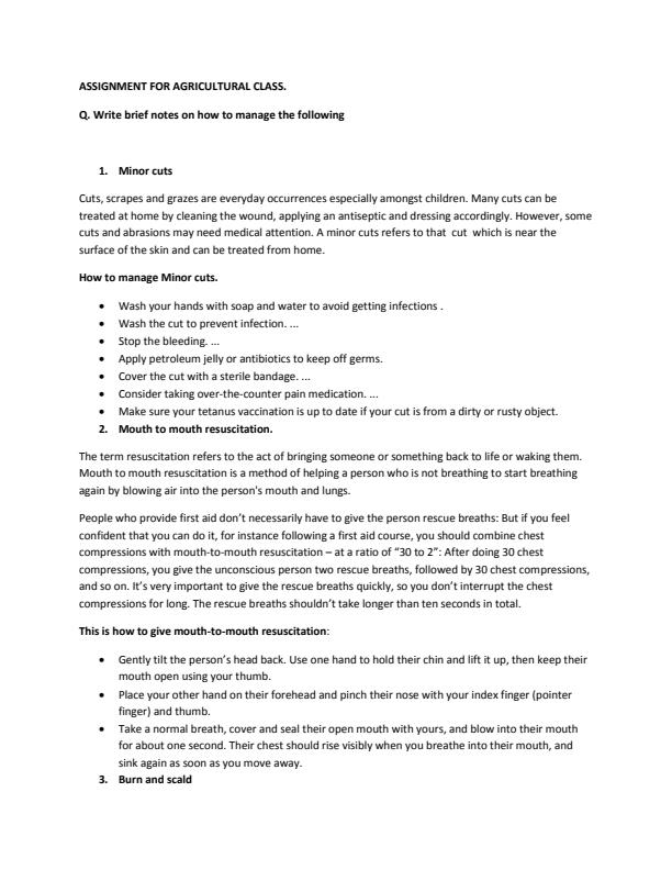 Page 1 – Write brief notes on how to manage the following (i) Minor cuts (ii) Mouth to mouth resuscitation (iii) Burn and scald  – Kenyaplex