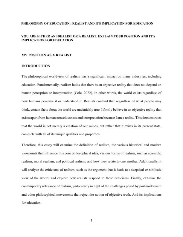 Page 1 – You are either an idealist or a realist. Explain your position and it’s implication for education  – Kenyaplex