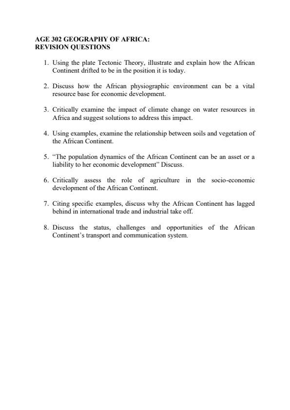 Page 1 – AGE 302: Geography of Africa Sample Questions – Kenyaplex