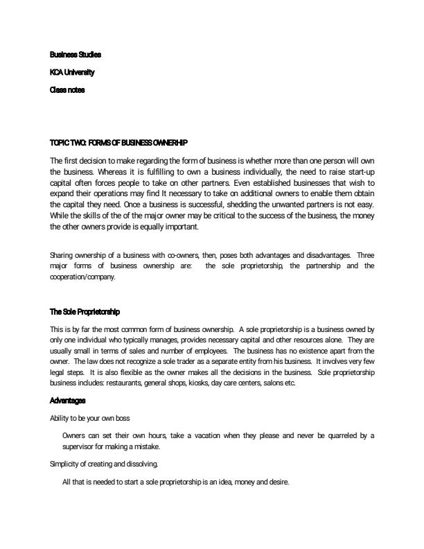 Page 1 – KCA University Business Studies Notes – Kenyaplex