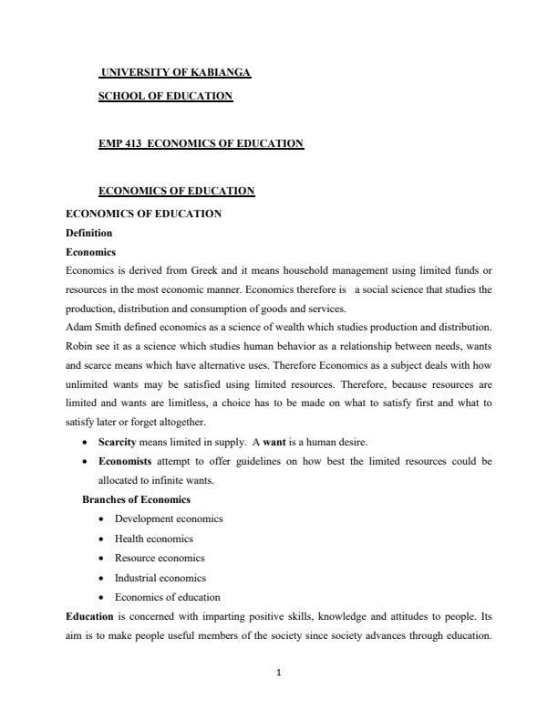 Page 1 – EMP 413: Economics of Education Notes – Kenyaplex
