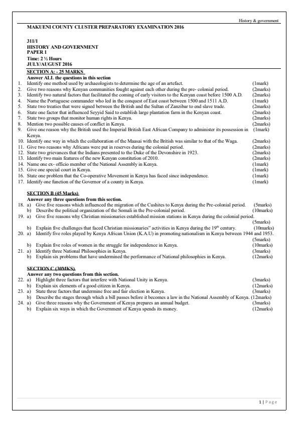Page 1 – Form Four History Questions and Answers – Kenyaplex