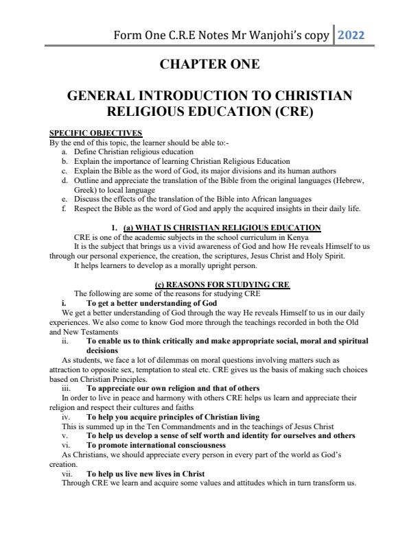Page 2 – Form 1 CRE Complete Notes – Kenyaplex