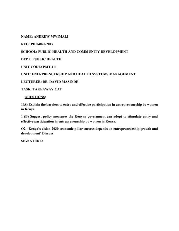 Page 1 – PMT 411: Entrepreneurship and Health Systems Management CAT With Answers – Kenyaplex
