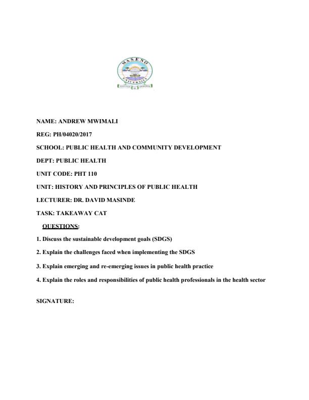 Page 1 – PHT 110: History and Principles of Public Health CAT Questions and Answers – Kenyaplex