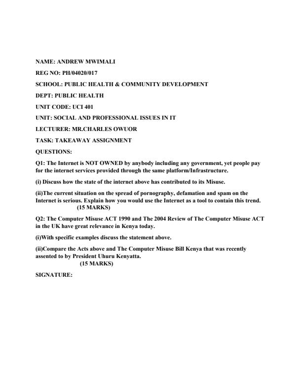 Page 1 – UCI 401: Social and Professional Issues in IT CAT Questions and Answers – Kenyaplex