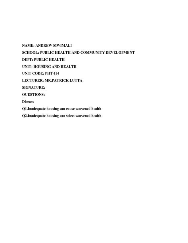 Page 1 – PHT 414: Housing and Health Sample CAT Questions and Answers – Kenyaplex