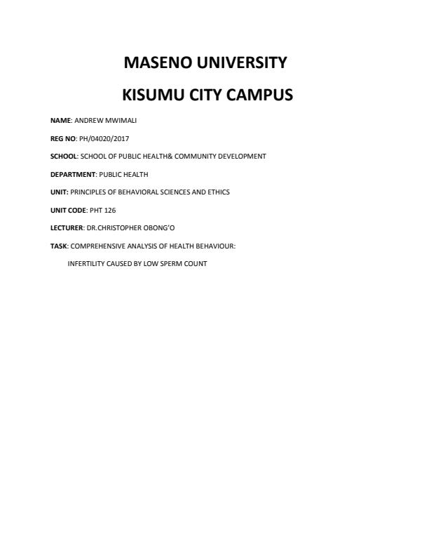 Page 1 – Comprehensive analysis of health behaviour: Infertility caused by low sperm count – Kenyaplex