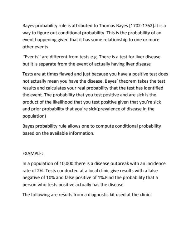 Page 2 – Discuss Bayes probability rule and its applicability in testing the validity of a diagnostic kit – Kenyaplex