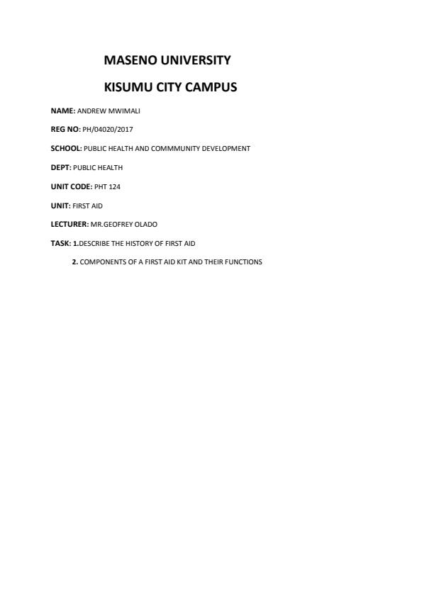 Page 1 – PHT 124: First Aid Sample CAT Questions and Answers – Kenyaplex