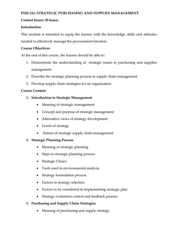 Page 1 – PSM 231: Strategic Purchasing and Supplies Management Notes – Kenyaplex