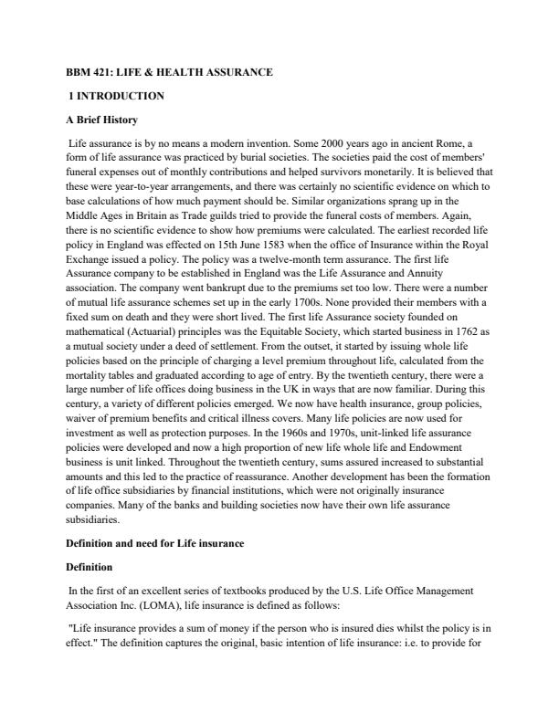 Page 1 – BBM 421: Life and Health Insurance Notes – Kenyaplex