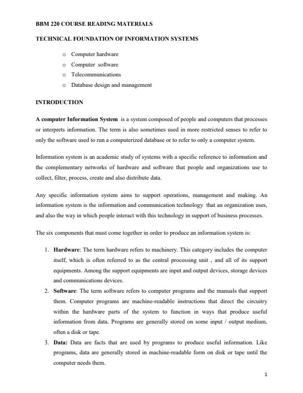 Page 1 – BBM 220: Management Information Systems Notes summarized notes – Kenyaplex