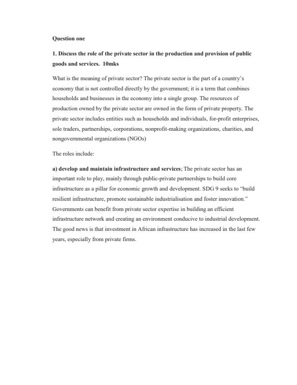 Page 1 – Discuss the role of the private sector in the production and provision of public goods and services – Kenyaplex