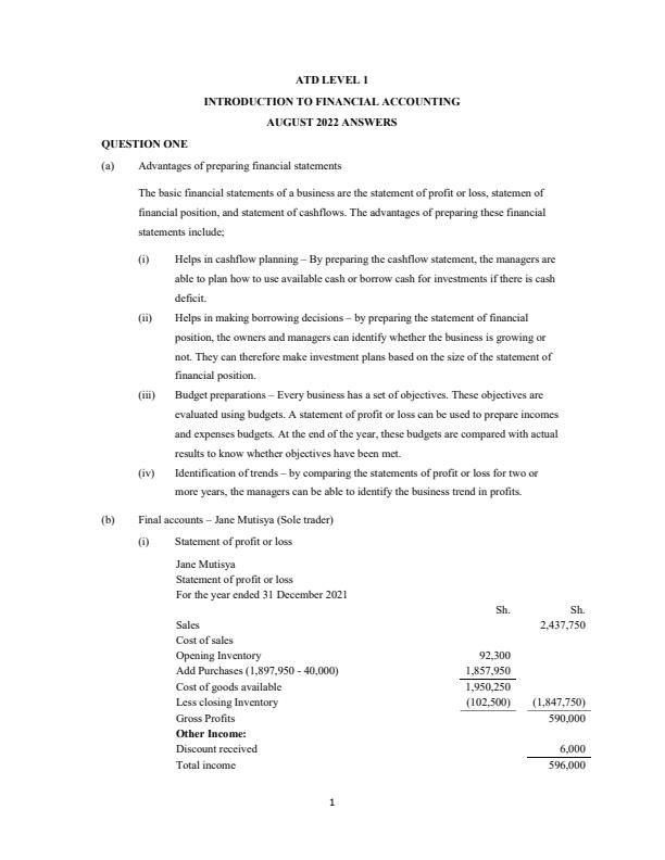 Page 1 – ATD 1 August 2022 Introduction to Financial Accounting Answers – Kenyaplex