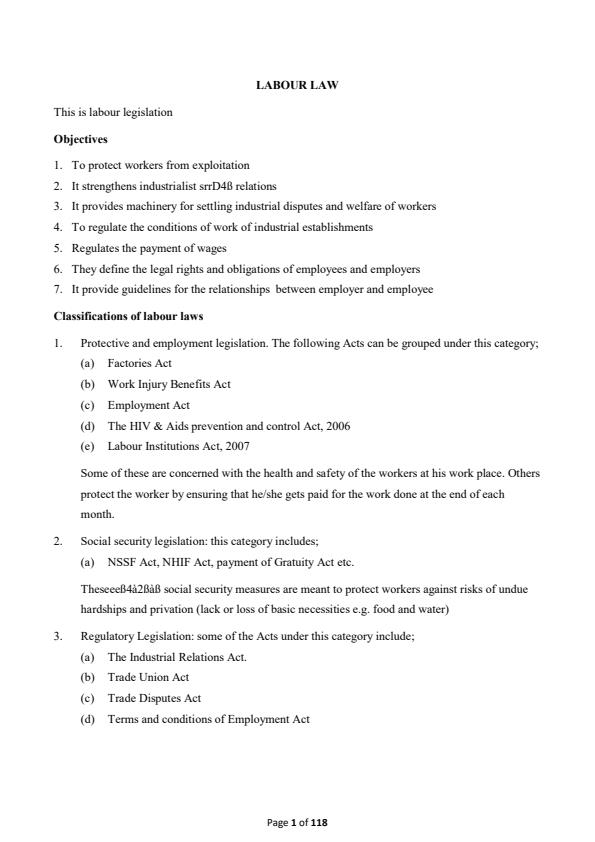 Page 1 – Labour Law and Industrial Relations Notes – Kenyaplex