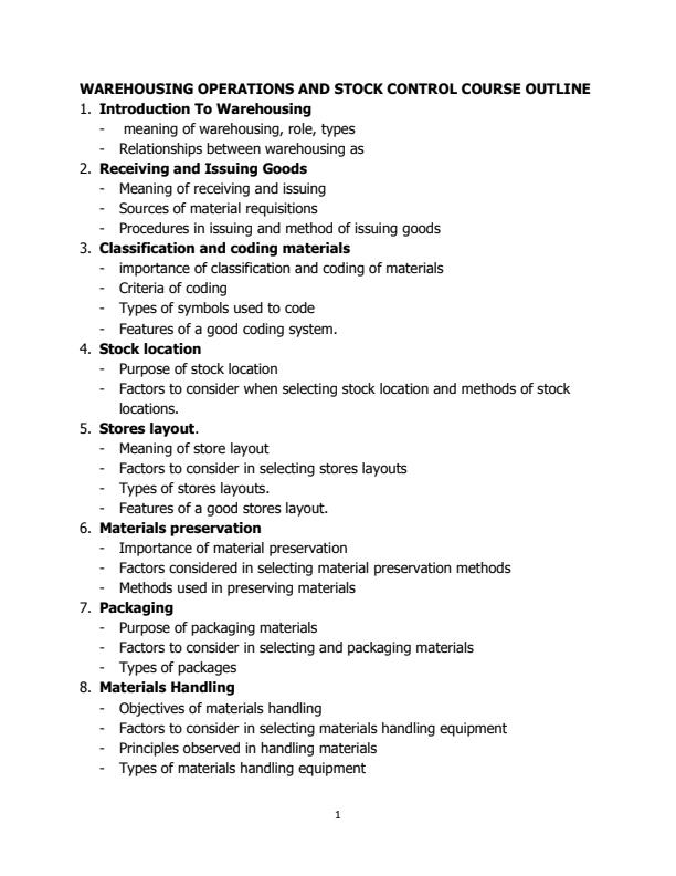 Page 1 – Warehousing Operations and Stock Control Notes – Kenyaplex