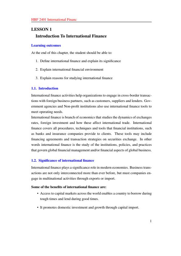 Page 1 – HBF 2401: International Finance Notes – Kenyaplex