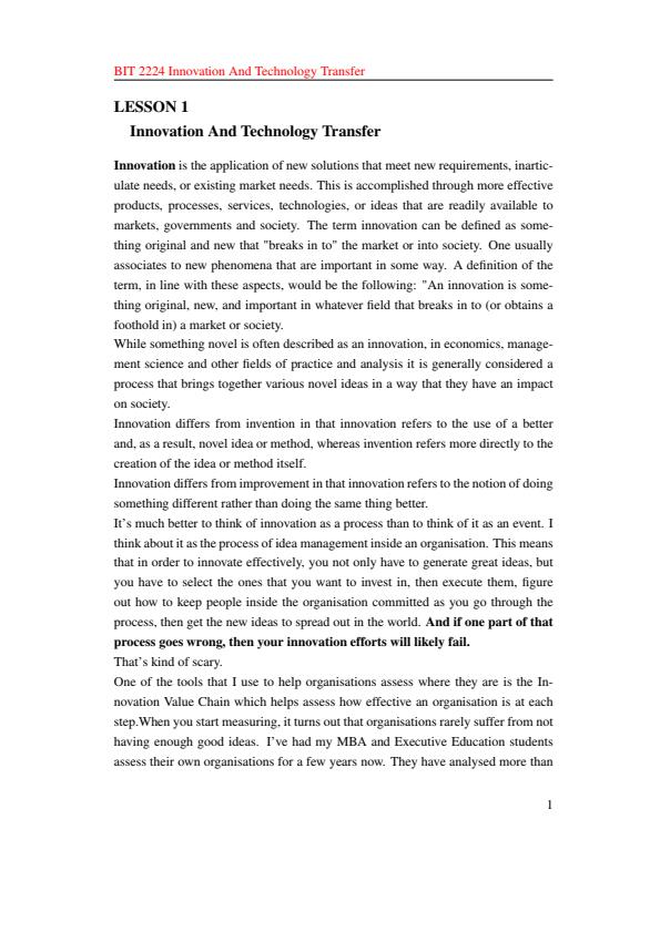 Page 1 – BIT 2224: Innovation and Technology Transfer Notes – Kenyaplex