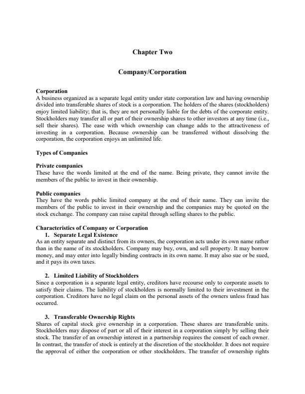 Page 1 – BAC 207: Fundamentals of Accounting II Notes on Company/Corporation – Kenyaplex