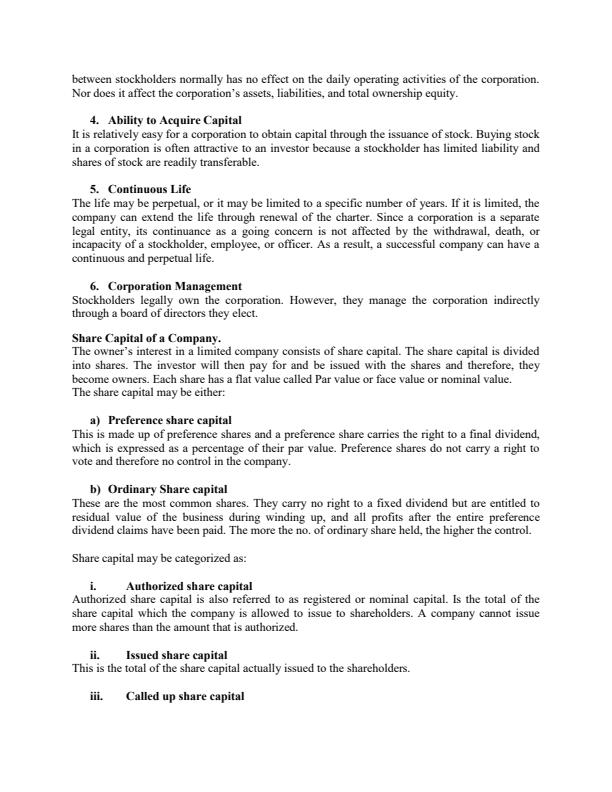 Page 2 – BAC 207: Fundamentals of Accounting II Notes on Company/Corporation – Kenyaplex