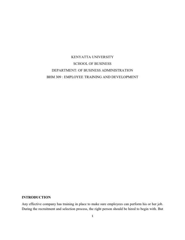 Page 1 – BHM 309: Employee Training and Development Notes – Kenyaplex