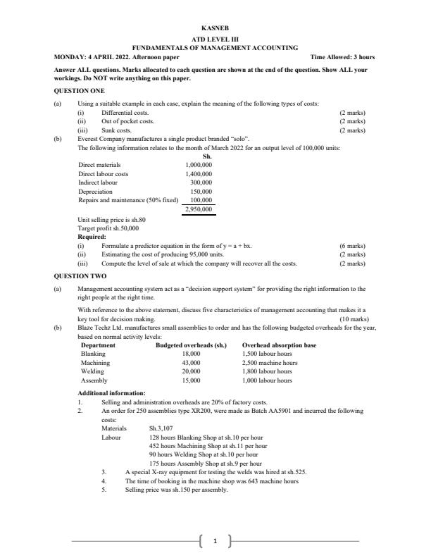 ATD Level III Fundamentals of Management Accounting Questions and