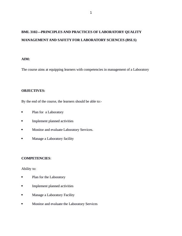 Page 1 – BML 3102: Principles and Practices of Laboratory Quality Management and Safety for Laboratory Sciences Notes – Kenyaplex