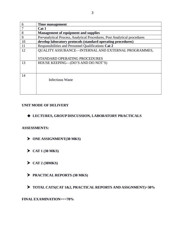 Page 3 – BML 3102: Principles and Practices of Laboratory Quality Management and Safety for Laboratory Sciences Notes – Kenyaplex