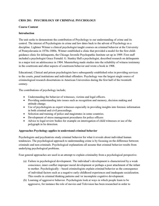 Page 1 – CRSS 201: Psychology of Criminal Psychology Notes – Kenyaplex