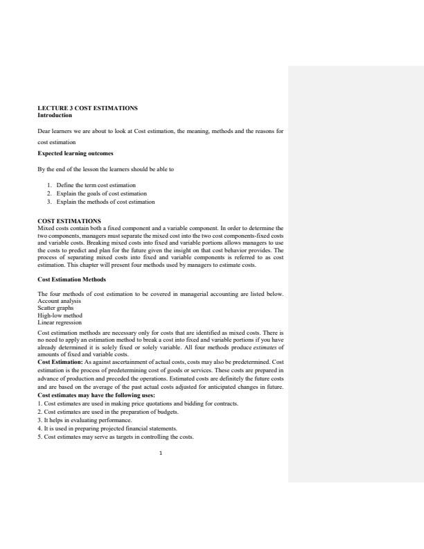 Page 1 – Cost Estimation Notes – Kenyaplex