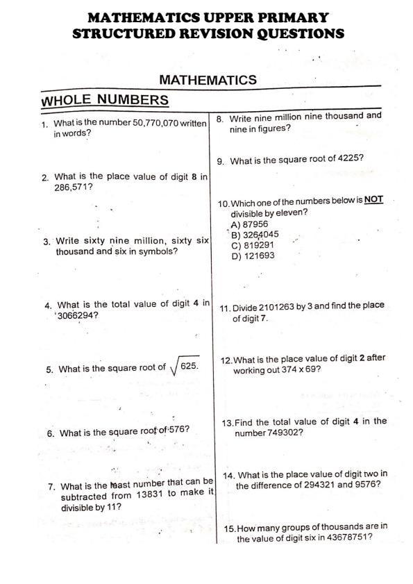 Page 1 – Upper Primary Topical Mathematics Revisions Questions  – Kenyaplex