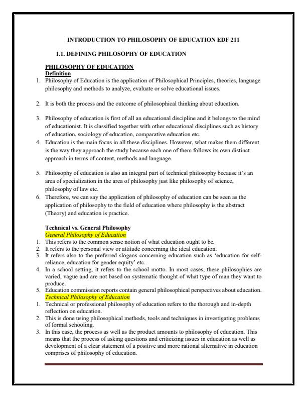 Page 1 – EDF 211: Introduction to Philosophy of Education Notes – Kenyaplex