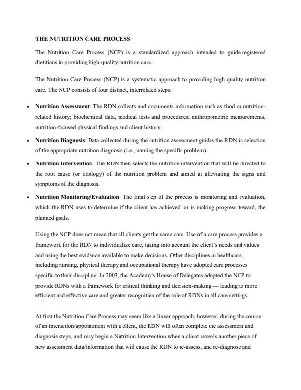 Page 1 – Introduction to Nutrition Care Process Notes: Certificate in Nutrition and Dietetics – Kenyaplex