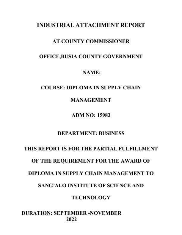 Page 1 – Sample Attachment Report for Diploma in Supply Chain Management – Kenyaplex