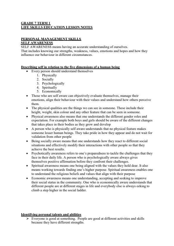 Grade 7 Life Skills Notes Term 1 12912