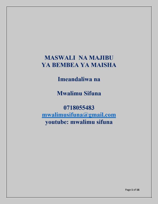 Page 1 – Bembea ya Maisha Questions and Answers – Kenyaplex