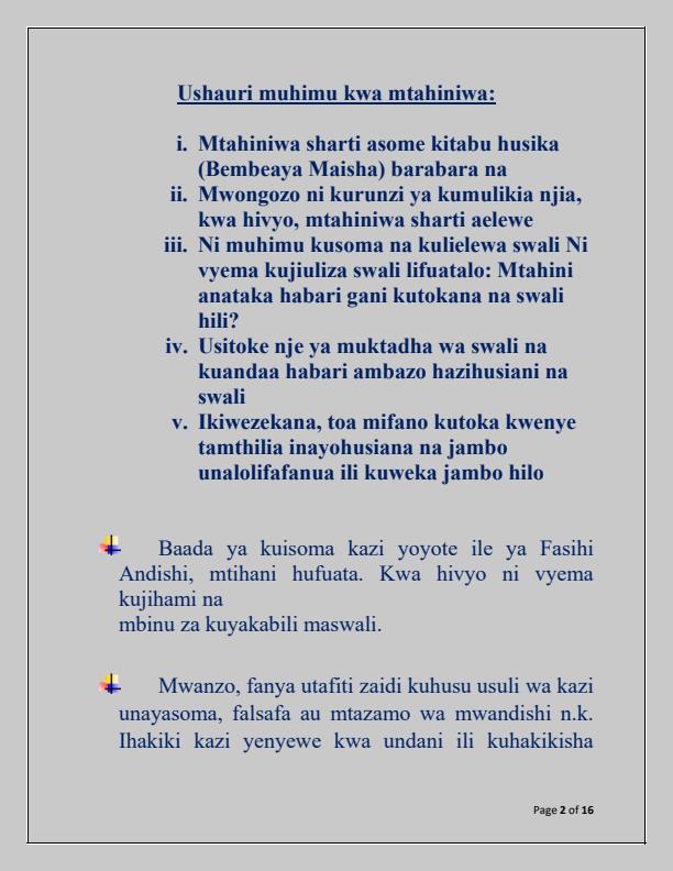 Page 2 – Bembea ya Maisha Questions and Answers – Kenyaplex