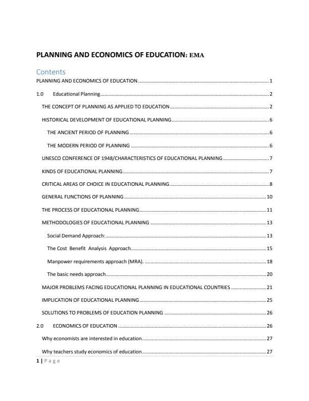 Page 1 – EMA 412: Planning and Economics of Education Notes – Kenyaplex
