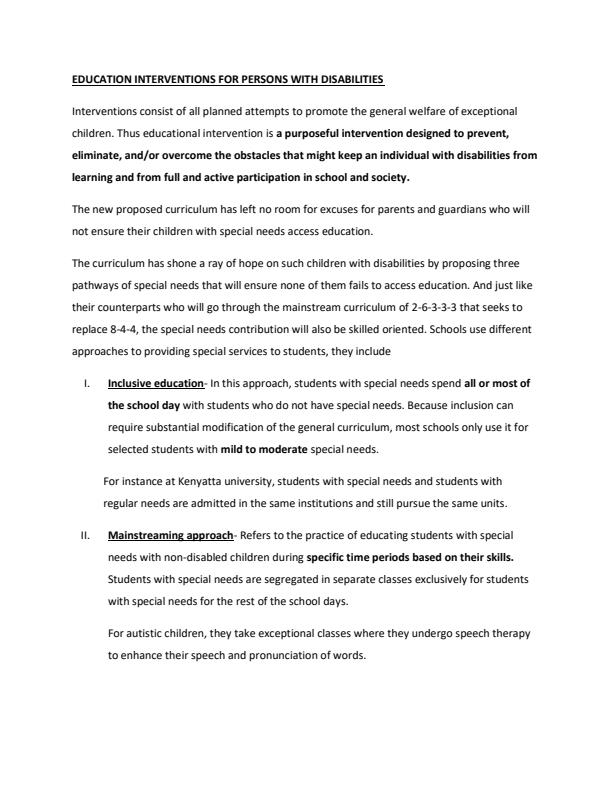 Page 1 – Education interventions and measures that cater for people with disabilities: SNE 254: Special needs education – Kenyaplex