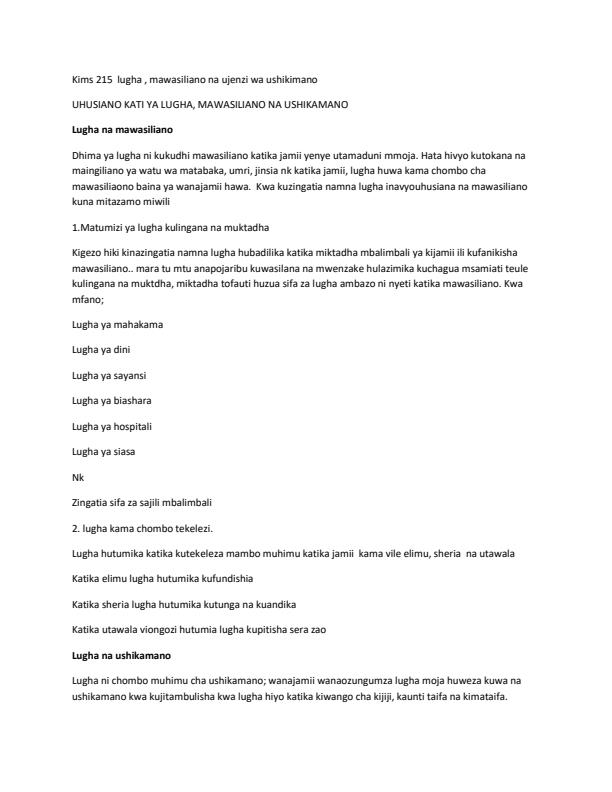 Page 1 – KIMS 215: Lugha, Mawasiliano na Ujenzi wa Ushikamano Notes – Kenyaplex