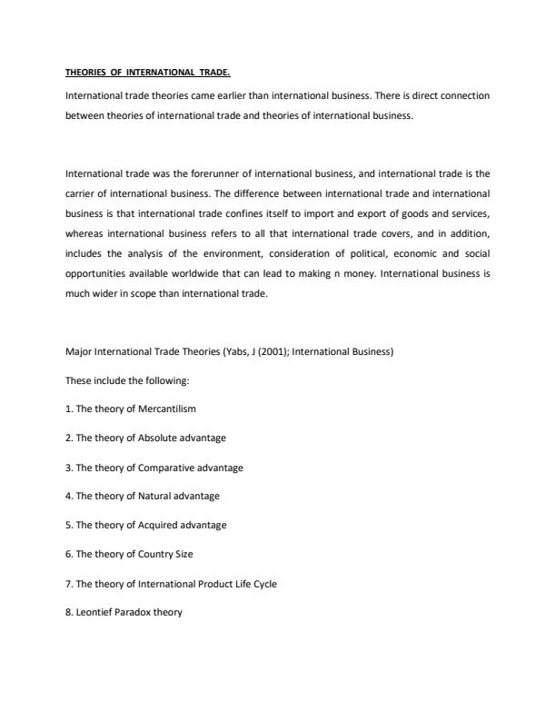 Page 1 – BBA 402 International Business Notes for Theories of International Trade – Kenyaplex