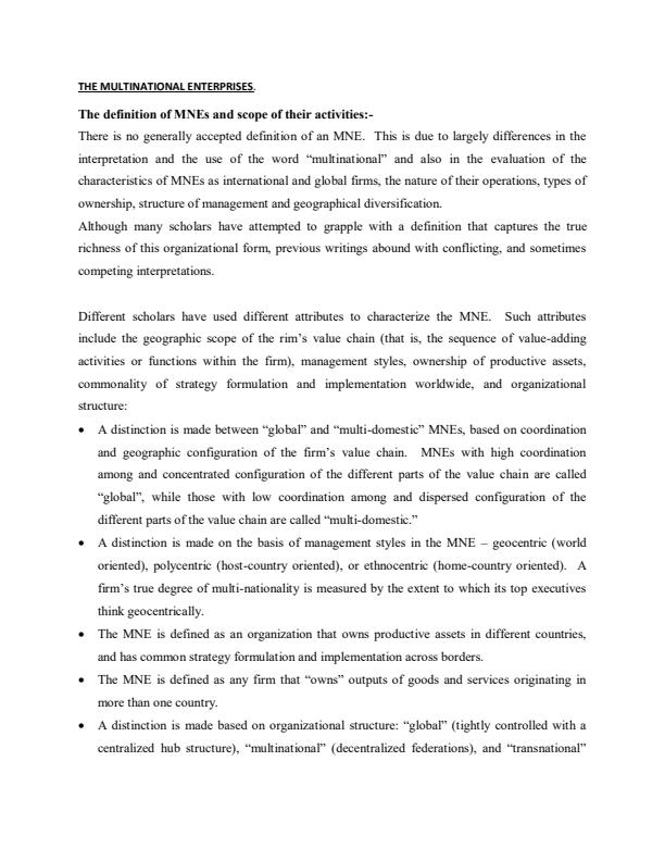Page 1 – BBA 402 International Business: The Multinational Enterprises Notes – Kenyaplex