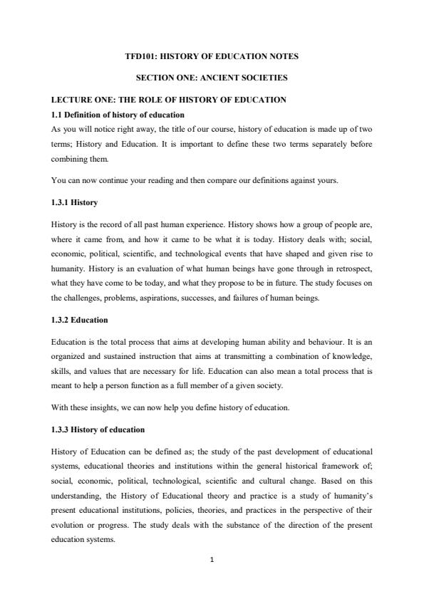 TFD 101 History of Education Notes 1487